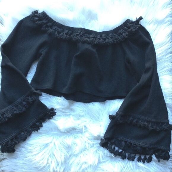 skylar + madison black boho tasseled crop going out sexy midriff top Sz Small - Picture 2 of 8
